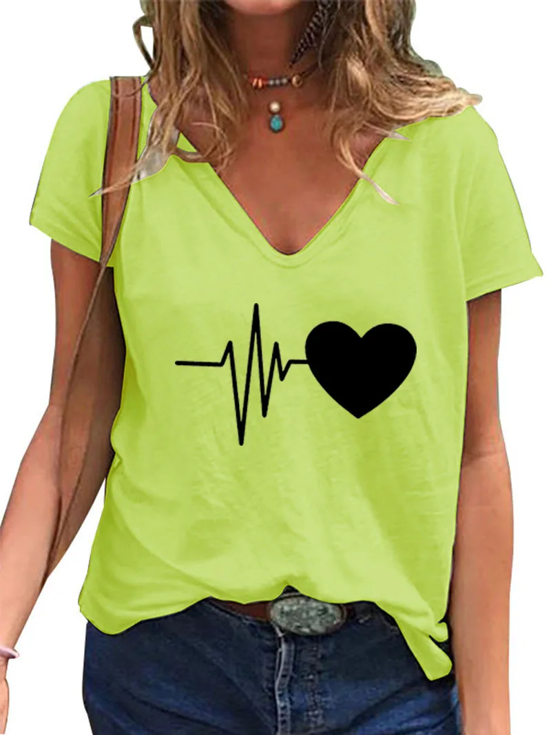 

2021 Spring and Summer New Products Europe and America Heartbeat Love Print Ladies V-neck Short Sleeve T-shirt woman tshirts