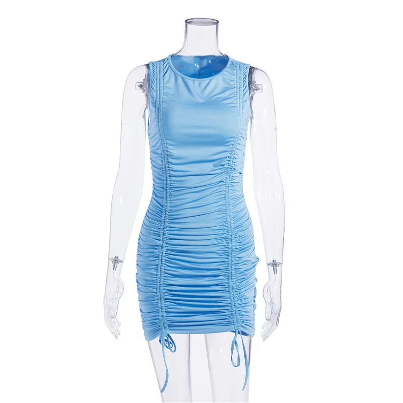

O-neck Sleeveless Women Night Club Party Dress Skinny Slim Fit Drawstring Elegant Ladies Casual Pleated Bodycon Bars Dress