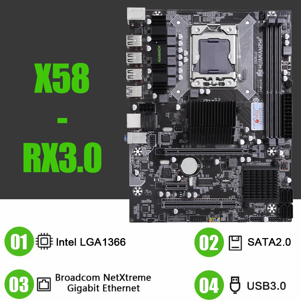 HUANANZHI X58 LGA 1366 X58 Motherboard Support RECC NON-ECC DDR3 and Xeon Processor USB3.0 AMD RX Series X5670 X5575 X5650 X5660