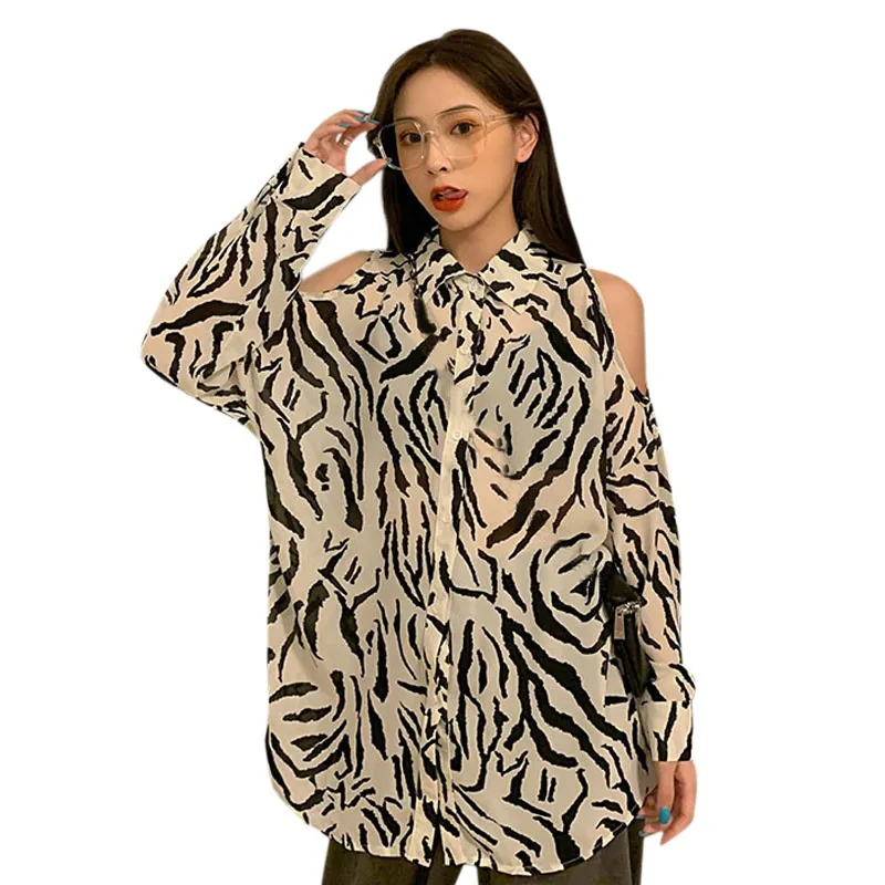 

Off-shoulder Printed Shirt Women Trendy And Versatile Hong Kong Flavor Design Loose Long-sleeved Shirt Sunscreen Shirt /