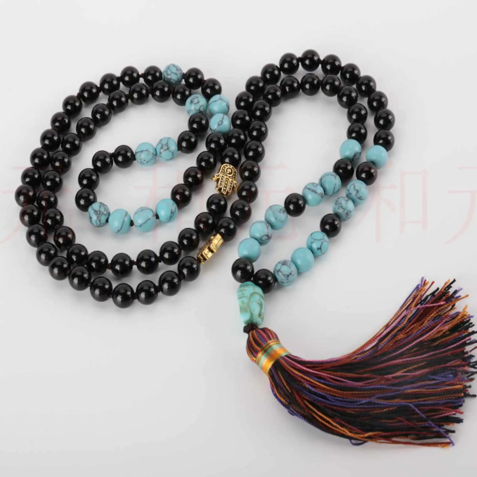 

8mm 108 Natural black agate Blue Turquoise knot Necklace Christmas Energy National Style Wrist Restore Bless Chic Chakra