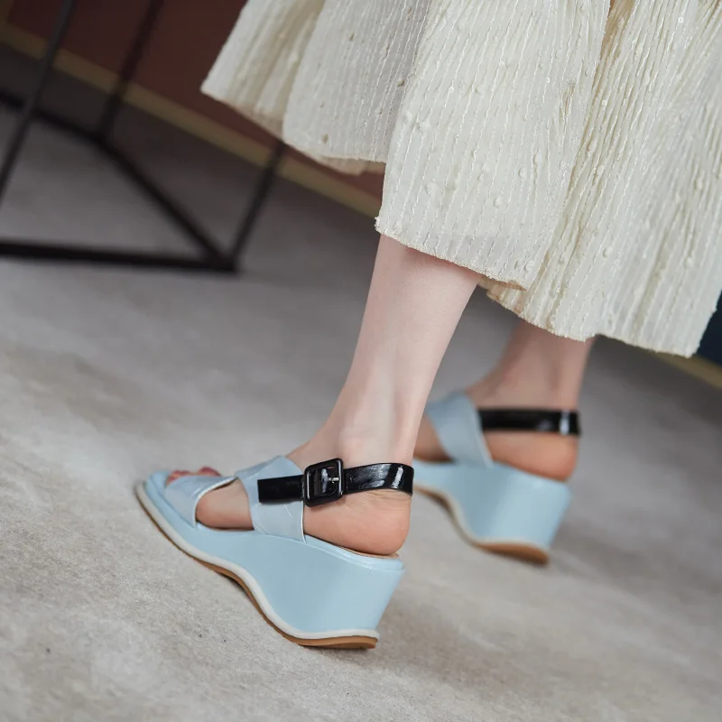 

EGONERY Women summer New Style Slope Heel Sandals Genuine Leather Leisure Shoes mixed color Square Toe Concise Comfortable