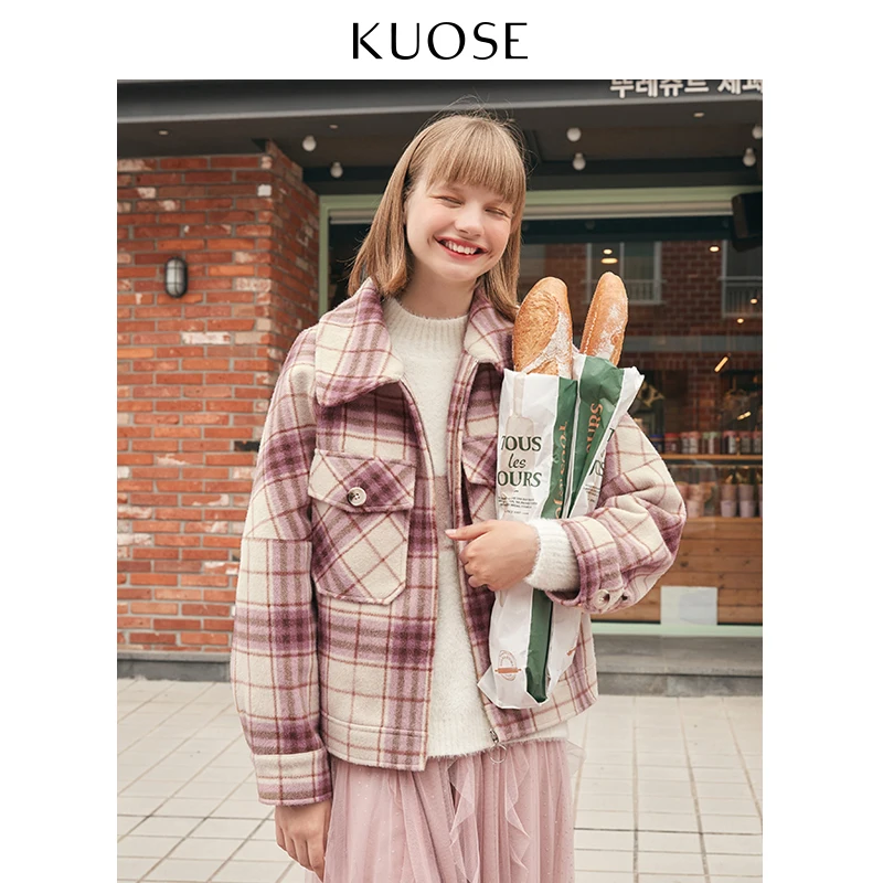 Pink Lattice KUOSE женское клетчатое короткое пальто с длинным рукавом поло воротник Корейский сладкий стиль школьная решетка дизайн шикарное шерстяное пальто с карманами - Цвет: Pink Lattice