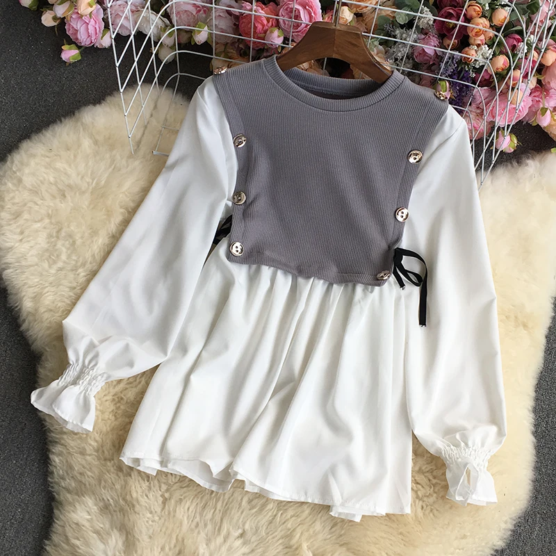 

VANOVICH 2022 Spring New Korean Style Temperament O-neck Knitting Patchwork Oversized Women Shirt Lantern Sleeve Fashion Shirts