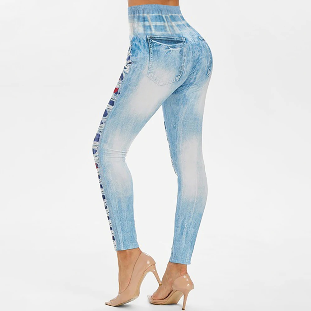 Women Skinny Jeans Thin High Waist Lady Jeans Ripped Pencil Pants Clubwear Flower Tribal Gothic Aloha Colorful Female Trousers