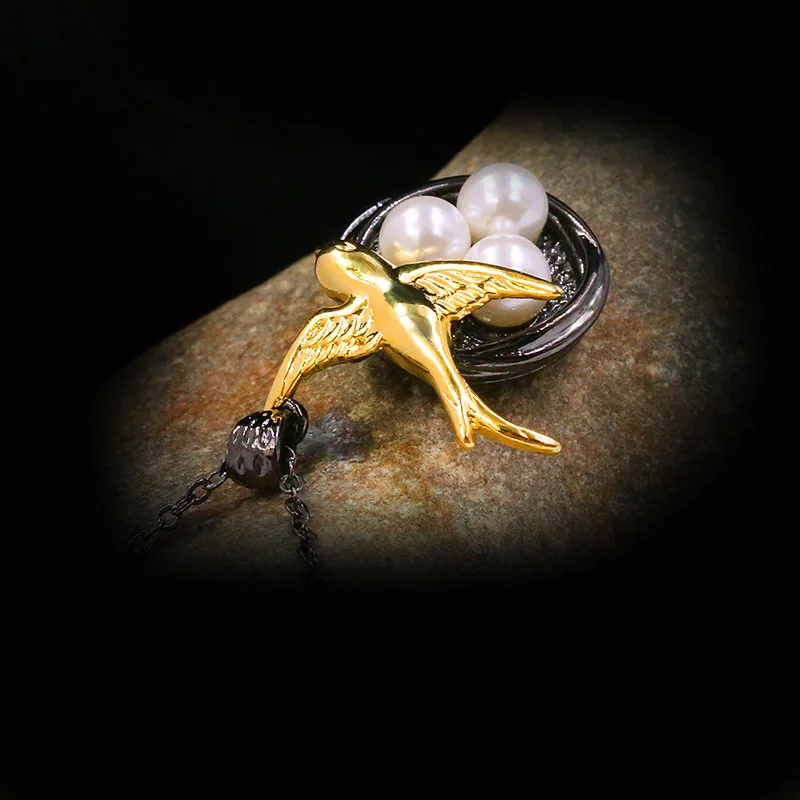 HML&ampOriginal Design Sparrow Bird 925 Silver Pearls Pendant Necklace For Women Vintage Black Gold Short Chain Necklaces | Украшения и