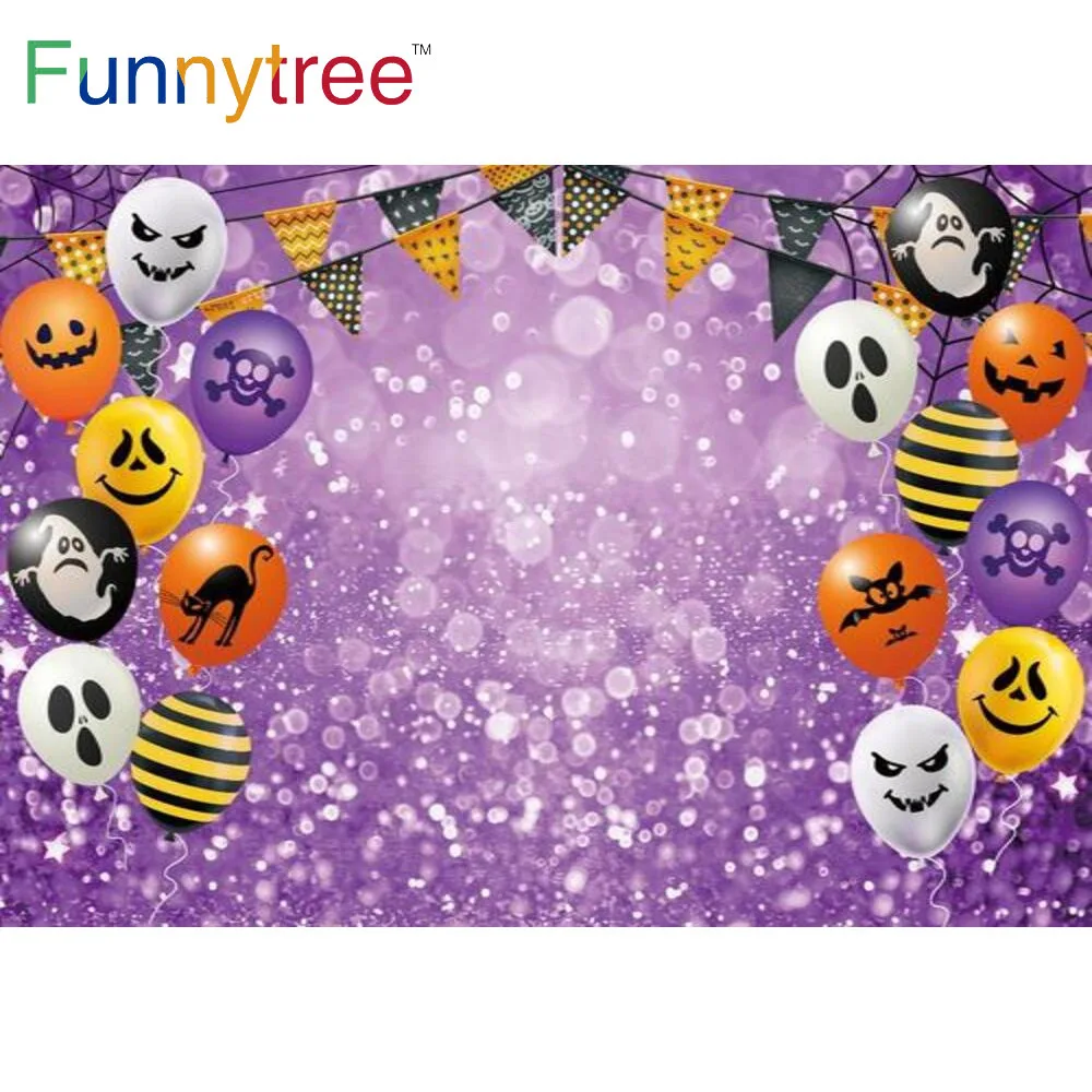 

Funnytree Halloween Decor Party Backdrop Ghost Horrible Skull Balloon Banner Purple Glitter Spider Web Photozone Background