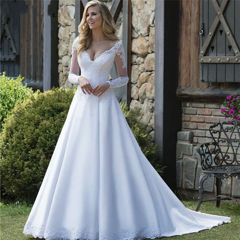 

Европейское свадебное платье трапециевидной формы с длинными рукавами белая аппликация из кружева свадебные платья на заказ 2021 Robe De Mariage ...