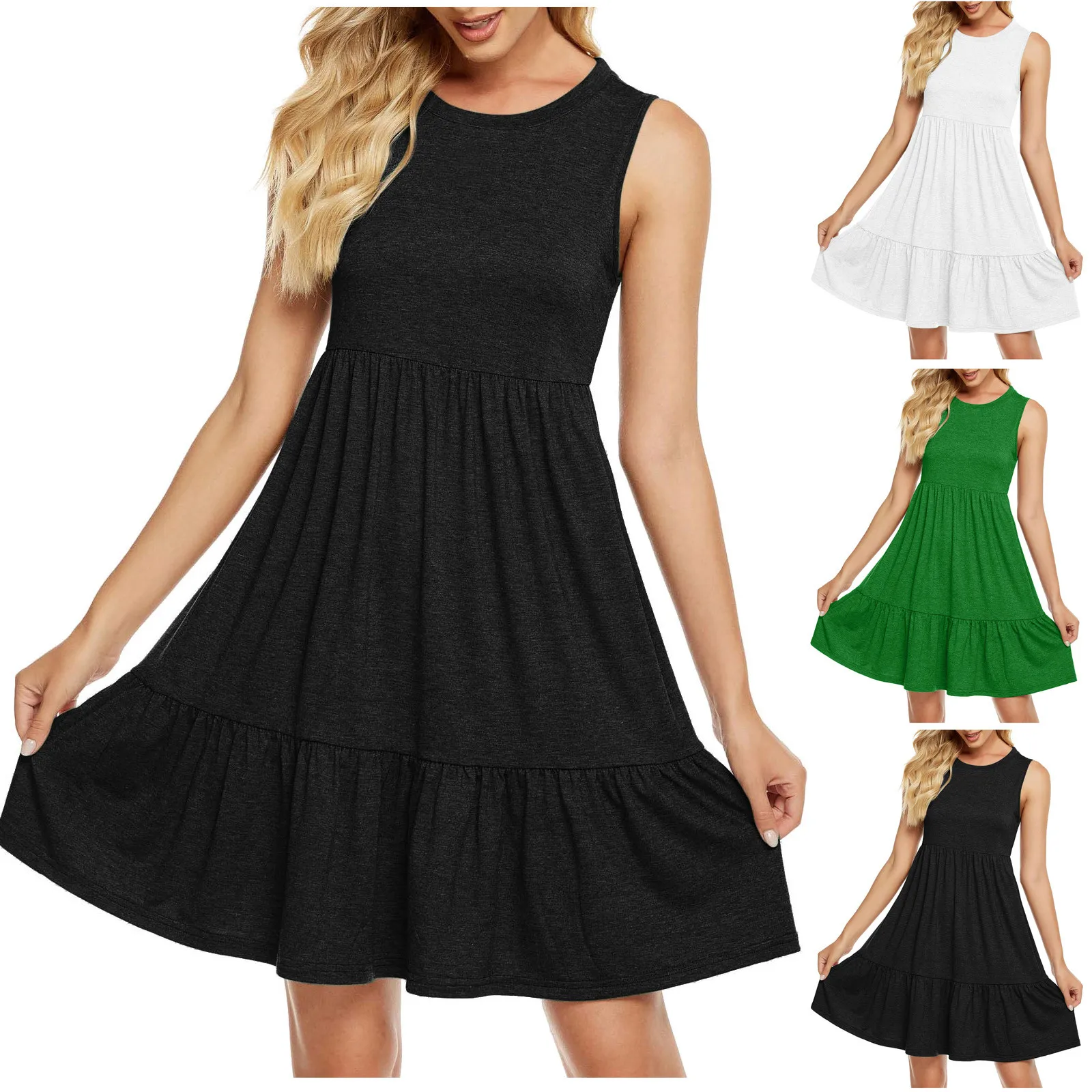 

Women's Casual Beach Summer Mini Dress Round Neck Sleeveless Pleated Dress Loose Solid Party Beach Dress 2021 robe femme