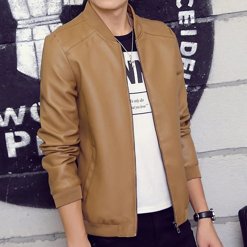 Мужская кожаная куртка-бомбер с воротником-стойкой черная приталенная