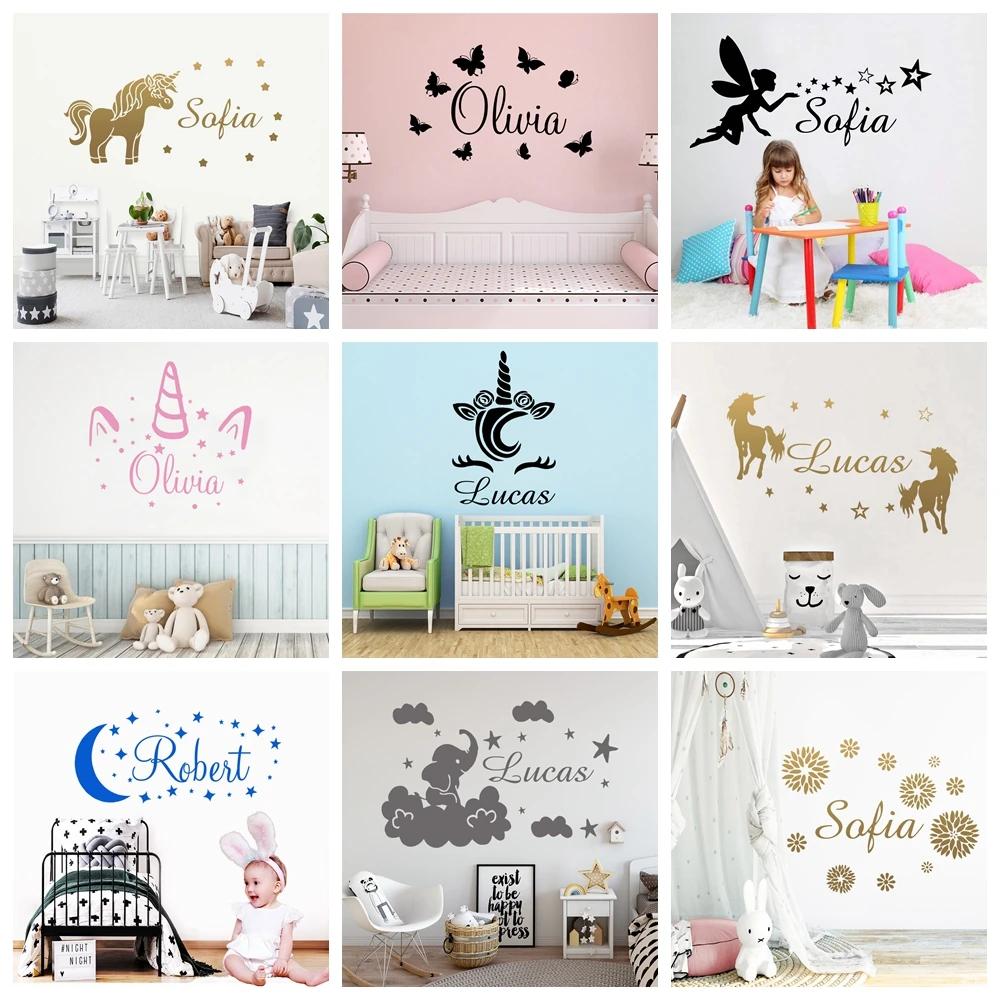 Kawaii Custom Name Wall Sticker Personalized Stickers Unicorn Decal For Kids Room Decoration Wallpaper Poster Baby Mural