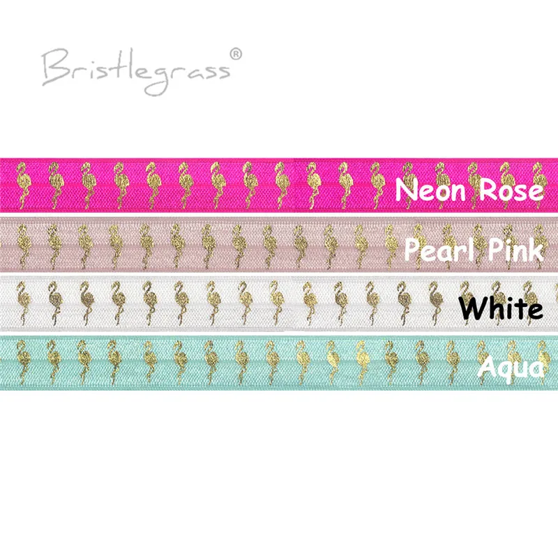 BRISTLEGRASS 5 Yard 5/8&quot 15mm Flamingo Gold Foil Print FOE Foldover Elastic Spandex Band Hair Tie Headband Tutu Dress DIY Sewing |