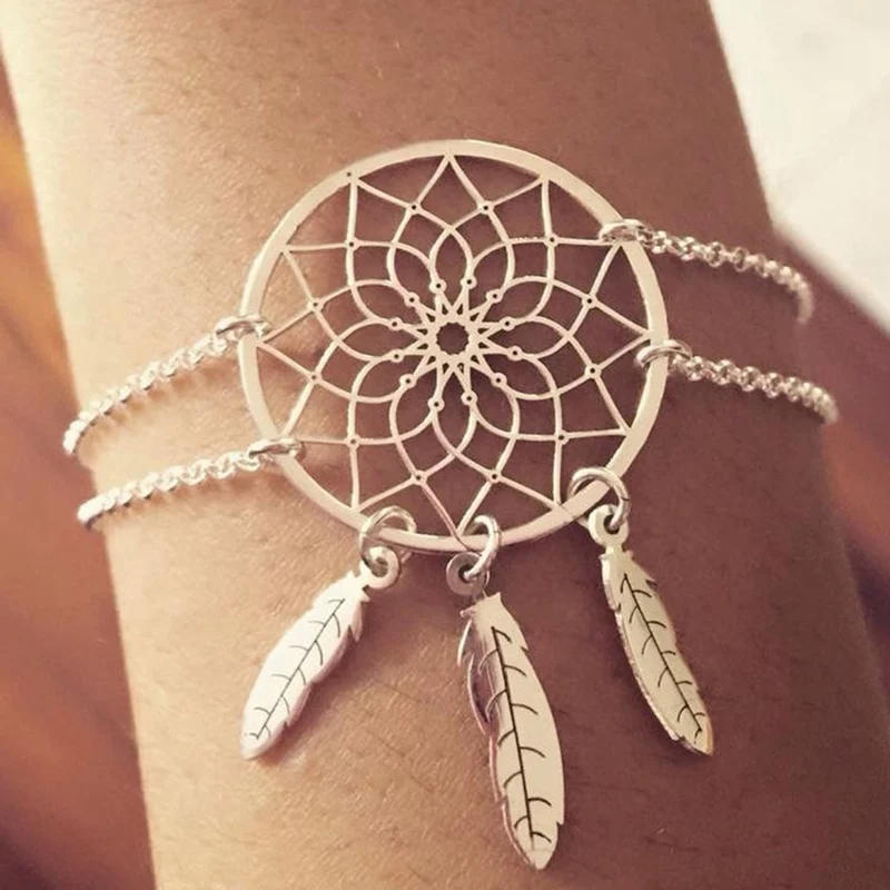 Retro Hollow Flower Feather Bracelets Handmade Craft Dream Net Catcher Bracelet Feather Tassel Bracelet Bangle for Women Jewelry