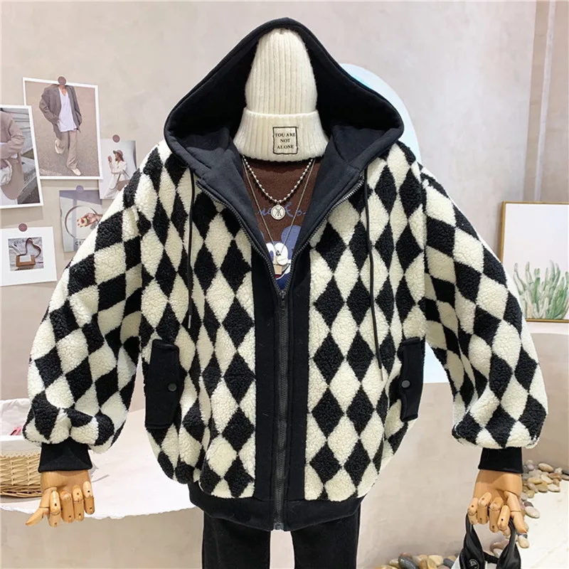 

Новая женская одежда нишевого дизайна осень-зима 2021 универсальная ленивая и свободная клетчатая стеганая куртка с капюшоном из овечьей шер...