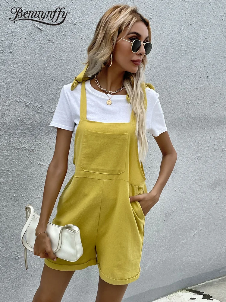 

Benuynffy Solid Tie Shoulder Romper Jumpsuit Women 2022 Summer Cotton Pocket Sleeveless Female Short Casual Overalls For Women