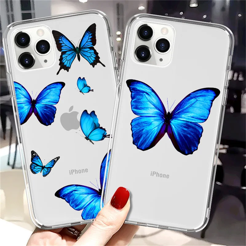 Kowkaka Transparent Blue Butterfly Phone Case For iPhone 13 11 14 Pro Max 12 X XR XS 7 8 Plus SE2020 Cartoon Silicone Back Cover