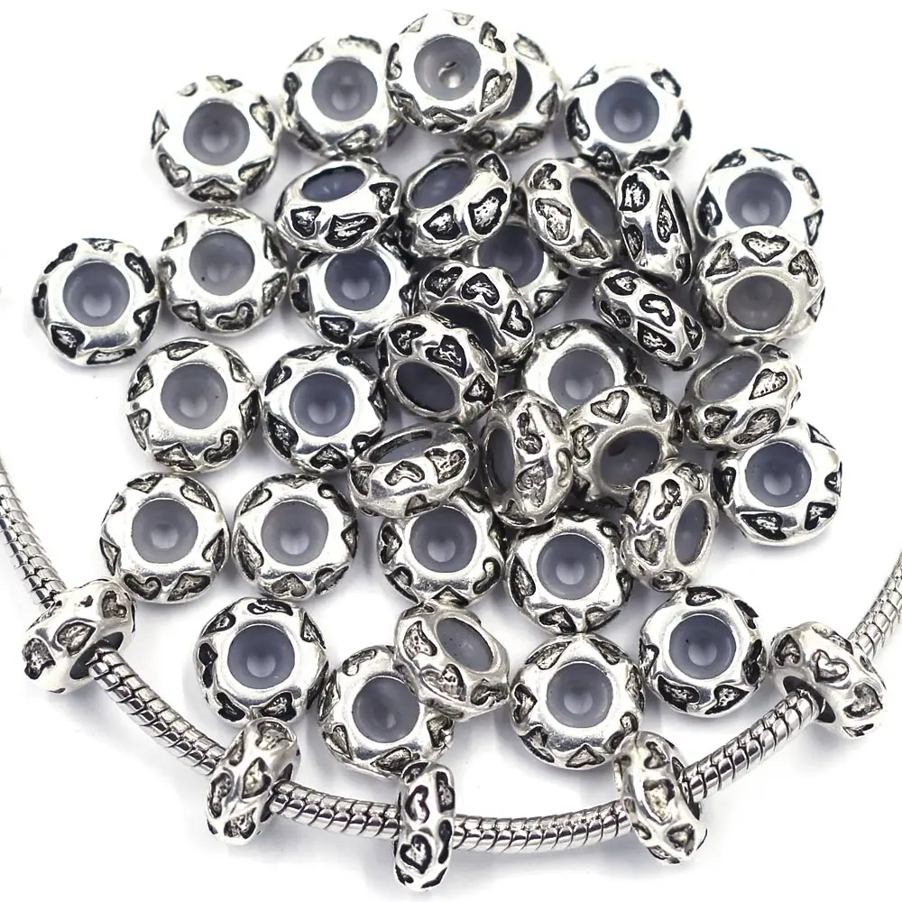 

5Pcs European Spacer Beads Heart Stoppers With Rubber Valentine Silver Tone Fit Charms Bracelets Jewelry DIY Finding 11x5mm