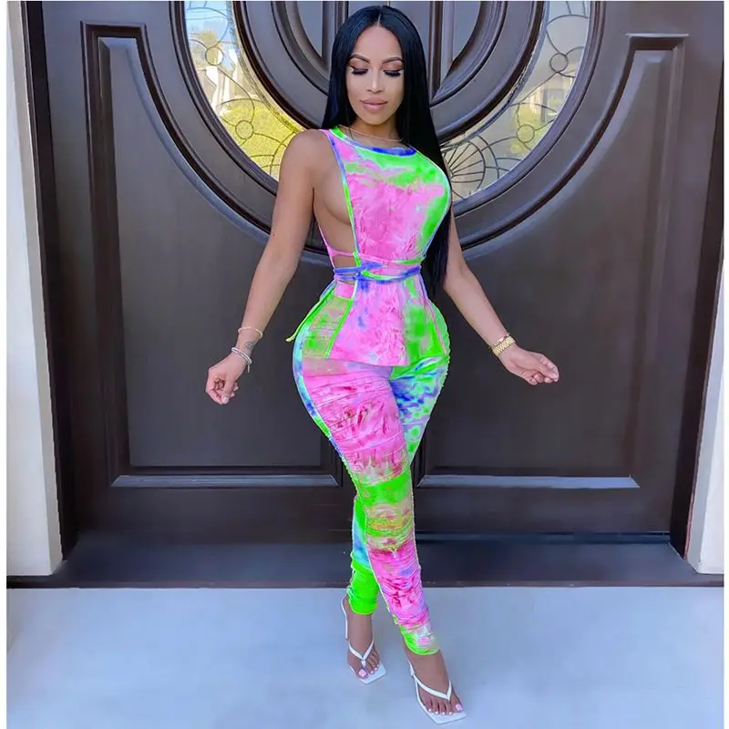 

ZKYZWX Sexy Tie Dye Two Piece Set Club Birthday Outfits for Women Summer Tracksuit Bandage Top Stacked Leggings Matching Sets
