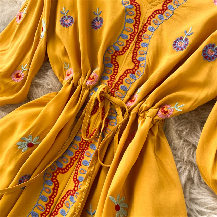 

Spring Summer Boho Dress 2021 New Fashion Women Puff Sleeve Casual Elegant Shirt Dress Designer Runway Dresses Holiday Beach