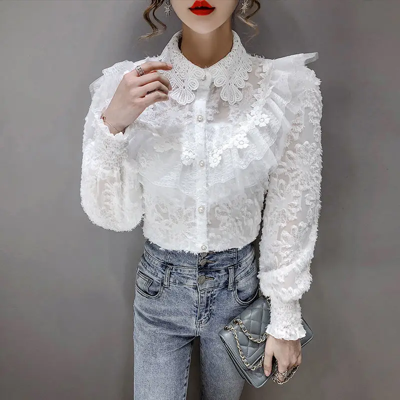 Женская кружевная блузка с длинным рукавом осенне-зимняя рубашка - купить по