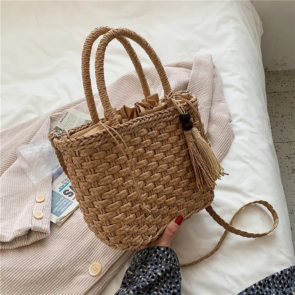 

Fashion Tassel Straw Handbag Summer Beach Hand-Woven Rattan Purse Women Woven Wicker Basket Crossbody Bags Bohemia Shoulder Tote