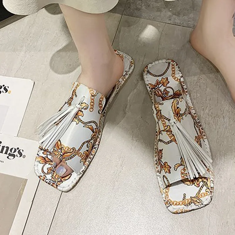 Шлепанцы женские в стиле ретро сланцы для пляжа бахрома плоские тапочки Уличная