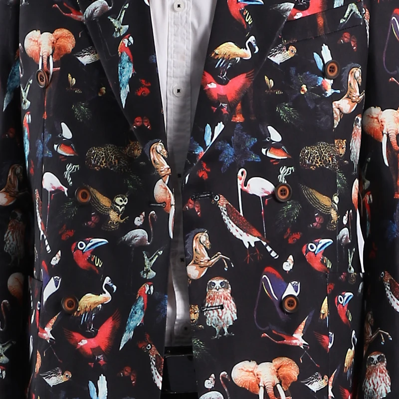 Мужской двубортный пиджак с принтом птицы черный приталенный 58 Повседневные