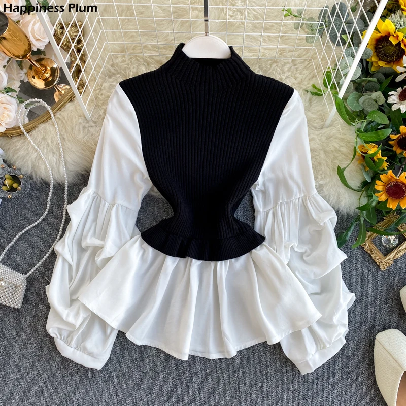 

Women's Knit Patchwork Fake Two-Piece Tops Slim Fit Lantern Sleeved Shirt Tide Turtleneck Pullovers Sweater Tops