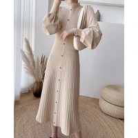 women puff long sleeve knitted dress 2021 fall slim warm dress elegant ladies black beige soft sweater dresses casual vestidos