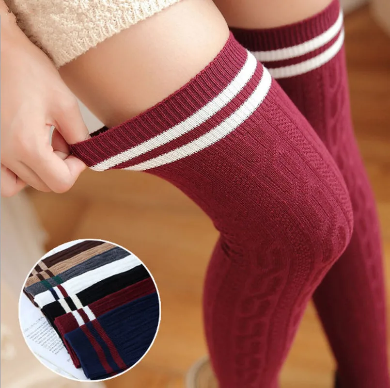 

New 1Pair Japan Cute Style Striped Knee Socks Women Warm Long Stocking Cotton Thigh For Ladies High Over The Knee Stockings