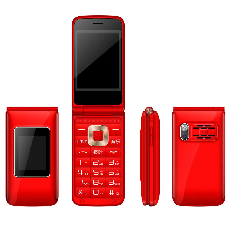 Red Flip Slim Clamshell Mobile Phone For Old Senior People Speed Dial Russian Key Dual Sim Metal Case Torch Extra Light - Цвет: Red