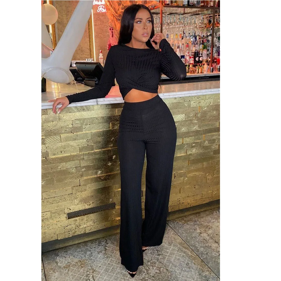 

Весенне-осенний женский модный однотонный брючный костюм с длинными рукавами Повседневная одежда брюки клеш спортивный костюм