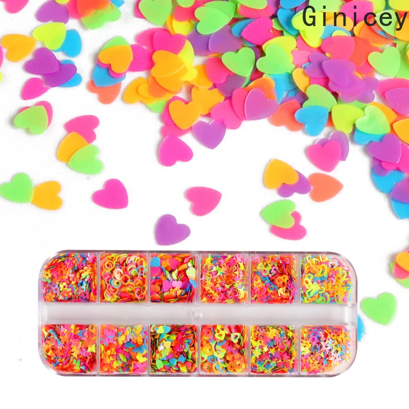 

12 Grids Fluorescence Nail Glitter Flakes Mixed Butterfly Star Love Neon Sequins 3D DIY Colorful Slice Nail Art Decorations