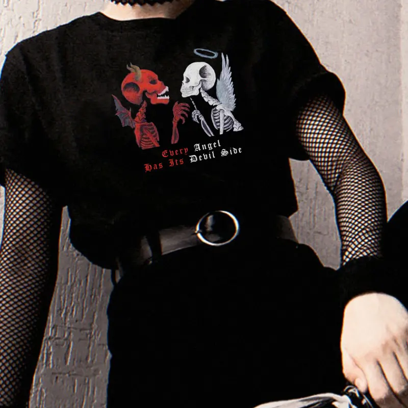 Футболка женская готическая с принтом скелета модная уличная одежда графическим