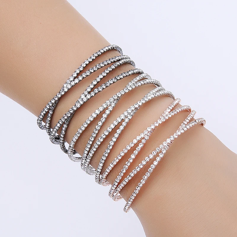 Браслеты Стразы с кристаллами 4 линии витые посеребренные и темно черные