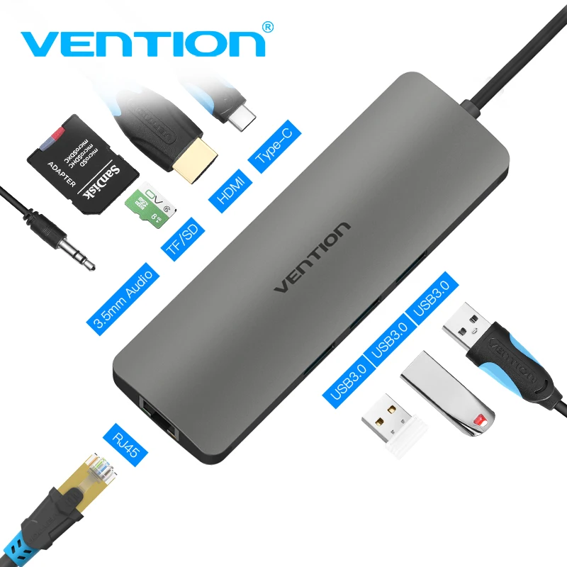 VEnTIO usb-хаб все в одном USB-C к HDMI VGA кард-ридер RJ45 PD адаптер для MacBook samsung Galaxy S8 mate 10 type C концентратор USB 3,0