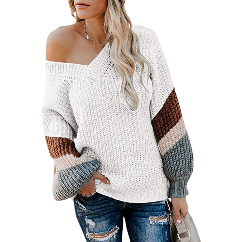 

Plus Size Sexy V-Neck Sweaters Stitching Color Sweatershirt Autumn Winter Women Sweater Loose Kobieta Swetry Tops Oversized