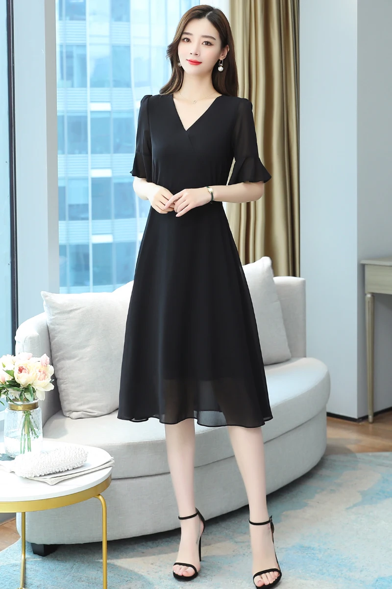 

COIGARSAM 3XL Plus Size Brief Chiffon Women Long dress New Summer Vintage Dresses Black 8172