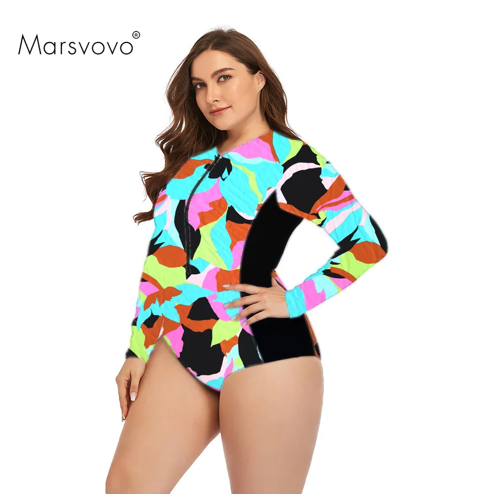 

Слитный купальник большого размера, купальник на молнии с цветочным принтом и длинными рукавами, комплекты стрингов, пляжная одежда станда...