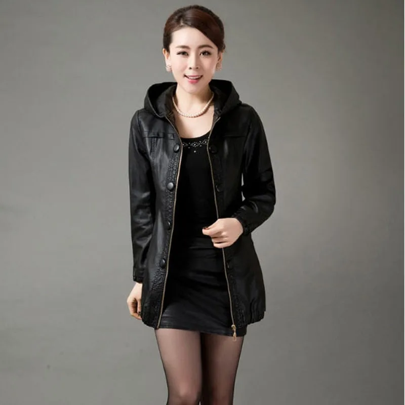Женское кожаное пальто с капюшоном размеры до 5XL|leather coat women|womens leather clothingleather |