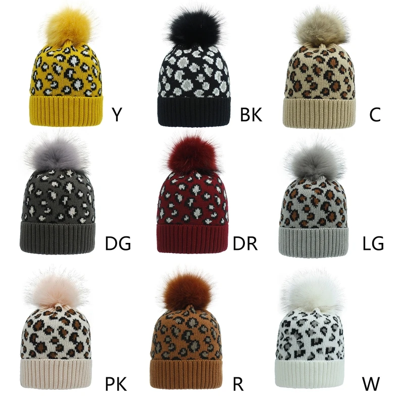 

Women Winter Warm Knitted Beanie Hat Vintage Leopard Animal Print Fuffy Pompom Cuffed Skull Cap Head Cover Ear Warmer
