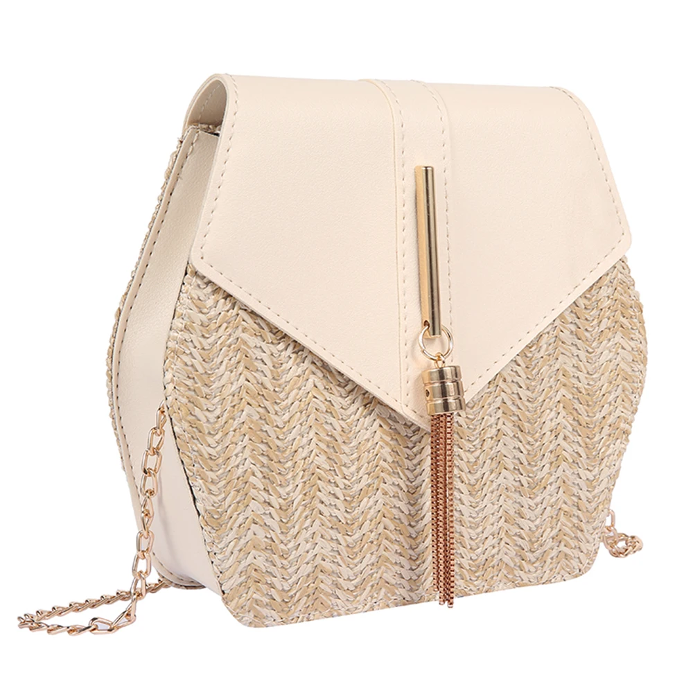 Женская соломенная сумка в стиле шестиугольник + Кожаная летняя из ротанга