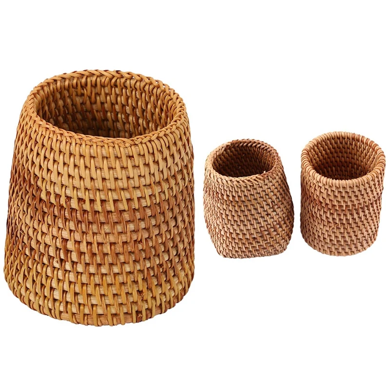 

3 Pcs Rattan Chopsticks Tube Shovel Spoons Bucket Forks Tableware Storage Box, 1 Pcs 7.5 X 9 X 10cm & 2 Pcs 10X7cm