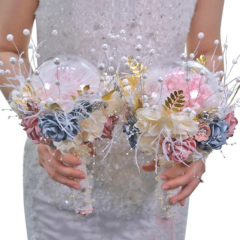 Kyunovia Dried Hydrangea Flower InTransparent Balls Pearl Bouquet Golden Leaf Bride Wedding Bouquet ramos gold de damas BY46