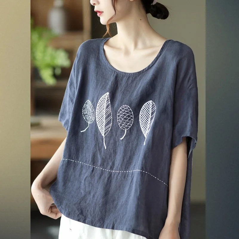 

Women's Casual Loose Short Sleeve Pullover T-shirts Female Retro Fashion Clothing Summer T Shirts Cloth Hook Line Linen Tops