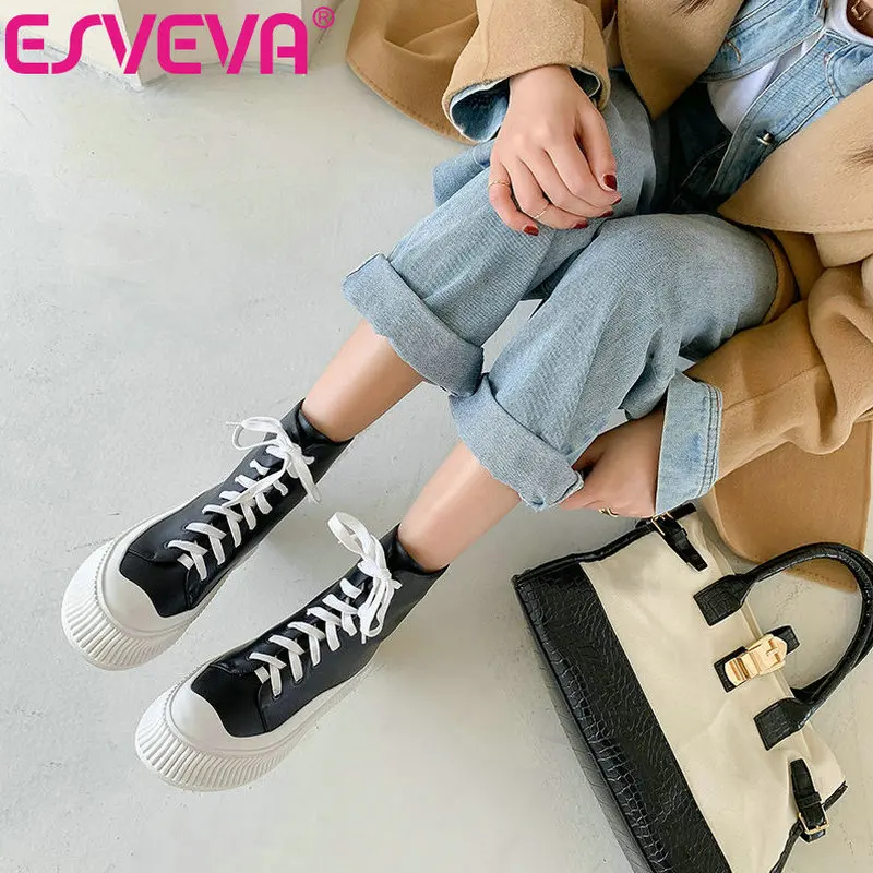 Online ESVEVA 2022 Sepatu Bot Wanita Model Pergelangan Kaki Sederhana Dan Platform Datar Kulit Asli Ukuran 34-40