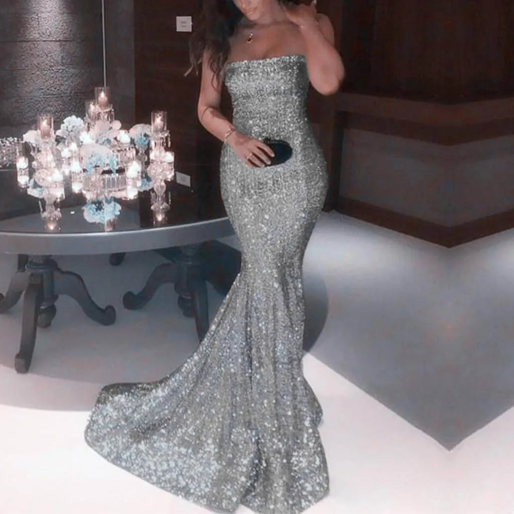 Модное однотонное соблазнительное платье-бандо без рукавов женское длинное