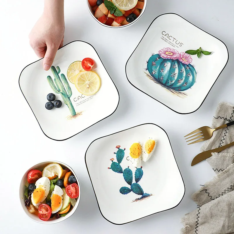 

Creative Ceramics Storage Tray Nordic Cactus Pattern Square Plates Dessert Salad Bowl Kitchen Tableware Heatable Decoration Dish