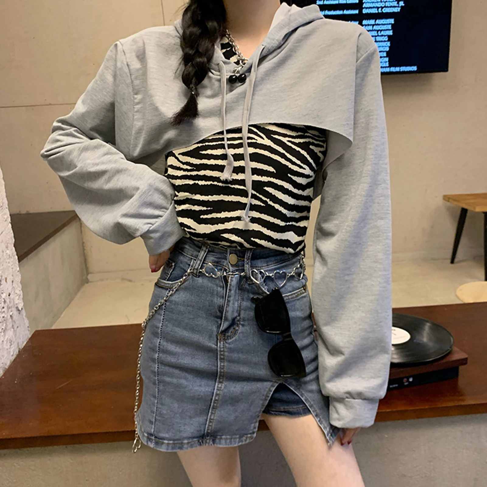 crop hoodie women Solid Color Long Sleeve Drawstring Micro Hoodie Irregular Short Sweatshirt tops for women fashion Blue xl