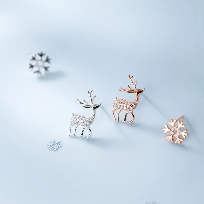 Простые серьги-гвоздики из серебра 925 пробы в виде снежинки/лося гипоаллергенные